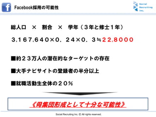 Facebook採用の可能性



総人口 ×   割合    ×          学年＇３年と修士１年（

３,１６７,６４０×０．２４×０．３≒２２,８０００


■約２３万人の潜在的なターゲットの存在

■大手ナビサイトの登録者の半分以上

■就職活動生全体の２０％



    《母集団形成として十分な可能性》
             Social Recruiting Inc. Ⓒ All rights reserved.
 