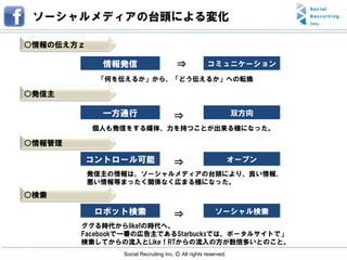 ソーシャルメディアの台頭による変化

○情報の伝え方ｚ

             情報発信                      ⇒            コミュニケーション
            「何を伝えるか」から、「どう伝えるか」への転換

○発信主

             一方通行                     ⇒                         双方向
           個人も発信をする媒体、力を持つことが出来る様になった。

○情報管理

        コントロール可能                      ⇒                         オープン
           発信主の情報は、ソーシャルメディアの台頭により、良い情報、
           悪い情報等まったく関係なく広まる様になった。
○検索

            ロボット検索                    ⇒                 ソーシャル検索
        ググる時代からlike!の時代へ。
        Facebookで一番の広告主であるStarbucksでは、ポータルサイトで」
        検索してからの流入とLike！RTからの流入の方が数倍多いとのこと。
                Social Recruiting Inc. Ⓒ All rights reserved.
 