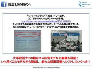 就活3.0の時代へ


                 「ソーシャルメディア×就活」＝ソー活が、
                   2011年のトレンドとリクルートが予測。
           http://japan.cnet.com/news/business/20425001/17/
    テレビ等でも最近は様々な採用方法が取り上げられる事が増えている。
    Yahoo!辞書にも「ソーシャルリクルーティング」という言葉が登録された。




    大手就活ナビの様なマス広告モデルの崩壊も目前！
いち早くこのモデルから脱却し、新たな採用活動へシフトしていくべき！
                    Social Recruiting Inc. Ⓒ All rights reserved.
 