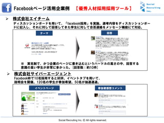 Facebookページ活用企業例 【優秀人材採用採用ツール】

 株式会社エイチーム
 ディスカッションボードを用いて、「facebook採用」を実施。選考内容をディスカッションボー
 ドに記入し、それに対して回答してきた学生に対して合否連絡をメッセージ機能にて対応。
           テーマ                                                     回答




    ※ 実名制で、かつ企業のページに書き込むというハードルの高さの中、回答する
    意識の高い学生が非常に多かった。[回答数：約10件]

 株式会社サイバーエージェント
  Facebook枠で10名採用すると好評。イベントタブを用いて、
  説明会を開催。120名の学生が参加希望。50名が抽選通過。
         イベントページ                                       参加者感想コメント




                   Social Recruiting Inc. Ⓒ All rights reserved.
 