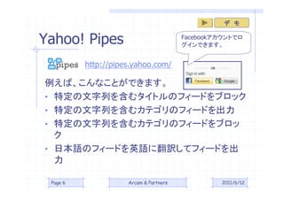 Yahoo! Pipes
                                                   

                                        FacebookȤǥ
                                        Ǥޤ


          http://pipes.yahoo.com/

СʤȤǤޤ
? ضФ򺬤ॿȥΥե`ɤ֥å
? ضФ򺬤५ƥΥե`ɤ
? ضФ򺬤५ƥΥե`ɤ֥
  
? ձZΥե`ɤӢZ˷Uƥե`ɤ
  

 Page 6              Arcam & Partners            2011/6/12
 