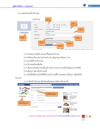คู่มือการใช้งาน Facebook                                                                                20



     15.2 แสดงหน้าจอสร้างกิจกรรม

                                                15.3
                                                                                      15.4

                                                                                                15.5


         15.8                                                                                15.6
                                      15.7                                     15.9
                                                                 15.10


              15.3 กาหนดเวลาเริ่มต้น และเวลาสิ้นสุดของกิจกรรม
              15.4 หัวข้อของกิจกรรมว่าจะทาอะไร เช่น เชิญประชุม นัดหมาย ฯลฯ
              15.5 สถานที่เข้าร่วมกิจกรรม
              15.6 ใส่รายละเอียดเพิ่มเติม
              15.7 เลือกแขกรับเชิญ (ชวนเพื่อนเข้าร่วมกิจกรรม) สามารถเลือกเชิญแขกภายหลังได้
              15.8 เพิ่มรูปภาพสาหรับกิจกรรมนี้
              15.9 เช็คเพื่อให้ทุกคนใครก็ได้ที่เข้าร่วมกิจกรรมนี้ได้ และแสดงรายชื่อแขก (เพื่อนที่หน้า
  กิจกรรม)
              15.10 คลิกสร้างกิจกรรม เมื่อคลิกเสร็จแสดงภาพดังภาพด้านล่างนี้



                                                แก้ไขกิจกรรม
                                                เพิ่มเติม

       เลือกเชิญแขก
       เพิ่มเติม


                      กลุ่มเผยแพร่และพัฒนาบุคลากรด้านเทคโนโลยี | สานักเทคโนโลยีเพื่อการเรียนการสอน
 