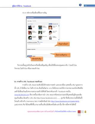 คู่มือการใช้งาน Facebook                                                                                       21



              15.11 คลิกรายชื่อเพื่อนที่ต้องการเชิญ




                                                                       เชิญผ่านอีเมล์



                                                                  ข้อความเชิญชวน
                             คลิกส่งคาเชิญ

      กิจกรรมนี้จะถูกส่งไปยังแขกหรือเพื่อนที่คุณเชิญ เพื่อนให้เพื่อนของคุณตอบกลับ ว่าจะเข้าร่วม
  กิจกรรม ไม่เข้าร่วม หรืออาจจะเข้าร่วม




  16. การสร้าง URL Facebook ของตัวเอง
                 การสร้าง URL Book ของตัวเพื่อให้ง่ายต่อการจดจา และบอกเพื่อน บุคคลอื่น เช่น กฎของการ
   ตั้ง URL ถ้ามีเพื่อน Fan ไม่ถึง 25 คน ต้องยื่นยันผ่าน sms มือถือระบบจะให้เรากรอกหมายเลขโทรศัพท์มือ
   แต่ถ้ามีเพื่อนเกินแล้วสามารถสามารถสร้างได้ทันที โดยปกติเวลาเข้า Facebook จะเป็น
   www.facebook.com ซึ่งบางครั้งเราต้องการนา URL ของเราหรือหน่วยงานของให้บุคคลอื่นรู้จักและเพิ่ม
   คุณเป็นเพื่อน ต้องสร้าง URL เช่น http://www.facebook.com/..........จุด คือ ชื่อที่เราสามารถตั้งได้ไม่ซ้า
   ใครแล้ว คล้ายกับ Username ของ การสมัครอีเมล์ เช่น http://www.facebook.com/pakornkrits
   pakornkrits คือ ชื่อใหม่ที่ตั้งขึ้น สามารถตั้งเปลี่ยนได้เพียงครั้งเดียวเท่านั้น วิธีการตั้งค่าทาได้ดังนี้

                      กลุ่มเผยแพร่และพัฒนาบุคลากรด้านเทคโนโลยี | สานักเทคโนโลยีเพื่อการเรียนการสอน
 