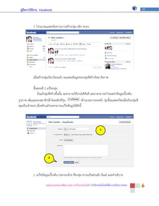 คู่มือการใช้งาน Facebook                                                                                      27




             7. โปรแกรมแสดงข้อความการสร้างกลุ่ม คลิก ตกลง




             เมื่อสร้างกลุ่มเรียบร้อยแล้ว จะแสดงข้อมูลของกลุ่มที่สร้างใหม่ ดังภาพ

             ขั้นตอนที่ 2 แก้ไขกลุ่ม
                 ถึงแม้กลุ่มที่สร้างขึ้นนั้น จะสามารถใช้งานได้ทันที แต่เราสามารถกาหนดค่าข้อมูลเบื้องต้น
รูปภาพ เพิ่มและลบสมาชิกได้ โดยคลิกที่ปุ่ม              (ด้านบนขวาของหน้า ปุ่มนี้จะแสดงก็ต่อเมื่อเป็นกลุ่มที่
คุณเป็นเจ้าของ) เมื่อคลิกแล้วจะสามารถแก้ไขข้อมูลได้ดังนี้




                                                                          1




                          2




             1. แก้ไขข้อมูลเบื้องต้น ประกอบด้วย ชื่อกลุ่ม ความเป็นส่วนตัว อีเมล์ และคาอธิบาย

                        กลุ่มเผยแพร่และพัฒนาบุคลากรด้านเทคโนโลยี | สานักเทคโนโลยีเพื่อการเรียนการสอน
 