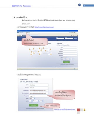 คู่มือการใช้งาน Facebook                                                                           3




  4. การสมัครใช้งาน
              ข้อกาหนดของการใช้งานต้องมีอีเมล์ ใช้สาหรับสมัครลงทะเบียน เช่น hotmai.com,
              Gmail.com
     4.1 ขั้นตอนแรกเข้าเว็บไซต์ http://www.facebook.com




               4.1 เข้าเว็บไซต์
               http://www.facebook.com




     4.2 เริ่มกรอกข้อมูลสาหรับลงทะเบียน




                                                                กรอกข้อมูลให้ครบ
                                                                จารหัสผ่านไว้ สาคัญมาก



                                                  คลิก ลงทะเบียน
                    กลุ่มเผยแพร่และพัฒนาบุคลากรด้านเทคโนโลยี | สานักเทคโนโลยีเพื่อการเรียนการสอน
 