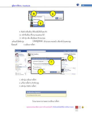 คู่มือการใช้งาน Facebook                                                                              30




                                  9                               1
                                                                  1

                                              1
                                              0
             9. พิมพ์รายชื่อเพื่อน ที่ต้องเพิ่มให้เป็นสมาชิก
             10. คลิกชื่อเพื่อน ที่โปรแกรมแสดงมาให้
             11. คลิกปุ่ม เพิ่ม เพื่อเพิ่มสมาชิกของกลุ่ม
 เสร็จแล้วให้คลิกปุ่ม                                  (ด้านบนขวาของหน้า) เพื่อกลับไปแสดงกลุ่ม
ขั้นตอนที่           3 เปลี่ยนการตั้งค่า




                                                                                             1

                                                              2




                                              3




            1. คลิกปุ่ม เปลี่ยนการตั้งค่า
            2. แก้ไขการตั้งค่าๆ สาหรับกลุ่ม
            3. คลิกปุ่ม บันทึกการตั้งค่า




                                 โปรแกรมจะรายงานผลการเปลี่ยนการตั้งค่า

                       กลุ่มเผยแพร่และพัฒนาบุคลากรด้านเทคโนโลยี | สานักเทคโนโลยีเพื่อการเรียนการสอน
 