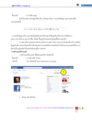 คู่มือการใช้งาน Facebook                                                                               31




 ขั้นตอนที่           4 การใช้งานกลุ่ม
            โดยทั่วไปจะมีการนากลุ่มไปใช้งานใน 2 ลักษณะ ได้แก่ การแบ่งปันข้อมูล และการแชต ซึ่งมี
รายละเอียดดังนี้




  การแบ่งปันข้อมูล เป็นการแบ่งปันข้อมูลให้แก่สมาชิกในกลุ่ม ซึ่งข้อมูลที่แบ่งปัน สามารถมีได้หลาย
รูปแบบ เช่น ข้อความ รูปภาพ วีดีโอ เป็นต้น ขึ้นอยู่กับลักษณะของข้อมูลที่ต้องการแบ่งปัน
              การแชต เป็นการสนทนาผ่านโปรแกรมเว็บเบราเซอร์ ( Web Browser) ลักษณะเดียวกับการแชตใน
ข้อมูลส่วนตัว แตกต่างกันตรงที่ ถ้าเป็นกลุ่มจะสามารถแชตได้หลายคนพร้อมกัน โดยโปรแกรมจะแสดงให้ทราบว่า
มีสมาชิกในกลุ่มคนใดกาลังออนไลน์และอยู่ในการสนทนา
 การสร้างและใช้งานหน้า
              การสร้างและใช้งานหน้า มีขั้นตอนและวิธีการดังต่อไปนี้
  ขั้นตอนที่           1 การสร้างหน้า (Page)
   เรียกใช้             URL ดังต่อไปนี้ http://facebook.com/pages



                                                                                    1




              1. คลิกปุ่ม สร้างหน้าใหม่



                         กลุ่มเผยแพร่และพัฒนาบุคลากรด้านเทคโนโลยี | สานักเทคโนโลยีเพื่อการเรียนการสอน
 