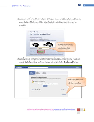 คู่มือการใช้งาน Facebook                                                                                    4




     4.3 แสดงจอภาพดังนี้ ให้พิมพ์ตัวอักขระที่แสดง ให้เว้นวรรค ตามภาพ กรณีที่อ่านตัวอักขระให้ออกหรือ
         มองเห็นไม่ชัดเจนให้คลิก ลองใช้คาอื่น เพื่อเปลี่ยนตัวอักขระใหม่ พิมพ์ข้อความในกรอบ กด
         ลงทะเบียน




                                                                    พิมพ์ตัวอักษรตามกรอบ
                                                                    คลิกปุ่ม ลงทะเบียน



     4.4 แสดงขั้น Step 1 การค้นหาเพื่อน (ใช้สาหรับเชิญชวนเพื่อน หรือเพื่อนที่มีการใช้งาน Facebook
         ก่อนหน้านี้แล้วขั้นตอนนี้สามารถกาหนดหรือค้นหาได้ภายหลังให้ คลิก ข้ามขั้นตอนนี้ ไปก่อน




                                                                                     พิมพ์ตัวอักษรตามกรอบ
                                                                                     คลิกปุ่ม ลงทะเบียน




                    กลุ่มเผยแพร่และพัฒนาบุคลากรด้านเทคโนโลยี | สานักเทคโนโลยีเพื่อการเรียนการสอน
 