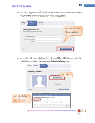คู่มือการใช้งาน Facebook                                                                                  5



     4.5 แสดง Step 2 ข้อมูลส่วนตัว ในขั้นตอนนี้จะกรอกหรือไม่ก็ได้ สามารถกรอกได้ภายหลัง กรณีที่ยังไม่
         กรอกให้คลิก ข้าม กรณีที่กรอกข้อมูลให้ คลิก บันทึกและดาเนินการต่อ




                                                                                   พิมพ์ตัวอักษรตามกรอบ
                                                                                   คลิกปุ่ม ลงทะเบียน




     4.6 Step 3 รูปประจาตัว (สามารถอัพโหลดรูปประจาตัวภายหลังได้) กรณีที่ไม่อัพโหลดรูป คลิก ข้าม
         กรณี อัพโหลดรูปภาพให้คลิก อัพโหลดรูปภาพ (ในที่นี้คลิกอัพโหลดรูปภาพ)




                                                                              4.6.1 คลิก




 4.6.2 คลิก เลือกไฟล์
 รูปภาพที่ต้องการ



                        กลุ่มเผยแพร่และพัฒนาบุคลากรด้านเทคโนโลยี | สานักเทคโนโลยีเพื่อการเรียนการสอน
 
