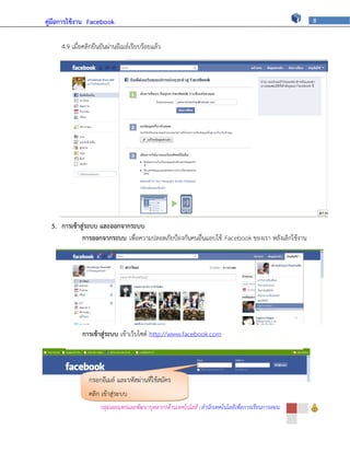 คู่มือการใช้งาน Facebook                                                                            8



     4.9 เมื่อคลิกยืนยันผ่านอีเมล์เรียบร้อยแล้ว




  5. การเข้าสู่ระบบ และออกจากระบบ
             การออกจากระบบ เพื่อความปลอดภัยป้องกันคนอื่นแอบใช้ Facebook ของเรา หลังเลิกใช้งาน




             การเข้าสู่ระบบ เข้าเว็บไซต์ http://www.facebook.com




                กรอกอีเมล์ และรหัสผ่านที่ใช้สมัคร
                คลิก เข้าสู่ระบบ
                     กลุ่มเผยแพร่และพัฒนาบุคลากรด้านเทคโนโลยี | สานักเทคโนโลยีเพื่อการเรียนการสอน
 