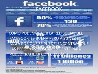 FACEBOOK  COMO PODEMOS VER LA RED SOCIAL DEL FACEBOOK  ES BUENA PERO A SU VEZ ES MALA POR QUE SE PUEDE  ENCONTRAR QUE LAS PERSONAS  BUSCAN ES GENTE PARA PODER TRAFICAR CON ELLOS(AS) 