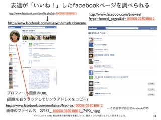 http://www.facebook.com/proﬁle.php?id=100001058038812       http://www.facebook.com/browse/
                                ↓                               ?type=fanned_pages&id=100001058038812
    http://www.facebook.com/masayoshimada.tibimama




                            URL
(                                                           )
http://www.facebook.com/media/set/?set=pa.100001058038812
                                                                          ←             facebook ID
                     27367_ 100001058038812_7490_n.jpg
                                  (   )                                                               33
 
