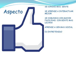 SE CONOCE MAS  GENTESE APRENDE A INTERACTUAR MEJORSE COMUNICA CON MAYOR FACILIDAD  CON GENTE MAS LEJANAAPRENDE A SER MAS SOCIALES ENTRETENIDOAspecto