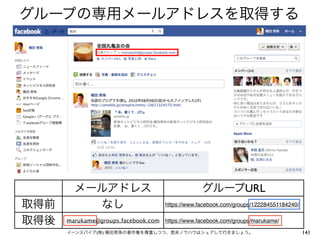 グループの専用メールアドレスを取得する




        メールアドレス                                   グループURL
取得前       なし                         https://www.facebook.com/groups/122284551184240/


取得後   marukame@groups.facebook.com   https://www.facebook.com/groups/marukame/

      イーンスパイア(株) 横田秀珠の著作権を尊重しつつ、是非ノウハウはシェアして行きましょう。                                     141
 