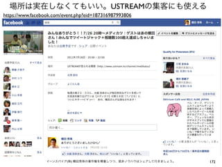 場所は実在しなくてもいい。USTREAMの集客にも使える
https://www.facebook.com/event.php?eid=187316987993806




                  イーンスパイア(株) 横田秀珠の著作権を尊重しつつ、是非ノウハウはシェアして行きましょう。   172
 