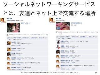 ソーシャルネットワーキングサービス
とは、友達とネット上で交流する場所




   イーンスパイア(株) 横田秀珠の著作権を尊重しつつ、是非ノウハウはシェアして行きましょう。   51
 