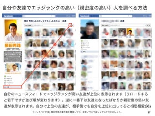 自分や友達でエッジランクの高い（親密度の高い）人を調べる方法




自分のニュースフィードでエッジランクが高い友達が上位に表示されます（リロードする
と若干ですが並び順が変わります）。逆に一番下は友達になったばかりか親密度の低い友
達が表示されます。自分で上位の友達が、相手側でも自分を上位に出してると相思相愛(笑)
        イーンスパイア(株) 横田秀珠の著作権を尊重しつつ、是非ノウハウはシェアして行きましょう。   87
 