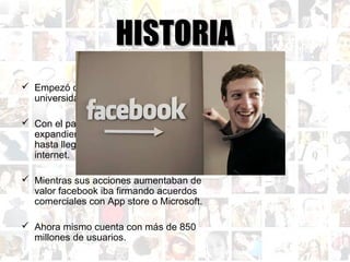 HISTORIA Empezó con una web para las universidades. Con el paso del tiempo se fue expandiendo en las universidades, hasta llegar a todos los usuarios de internet. Mientras sus acciones aumentaban de valor facebook iba firmando acuerdos comerciales con App store o Microsoft. Ahora mismo cuenta con más de 850 millones de usuarios. 