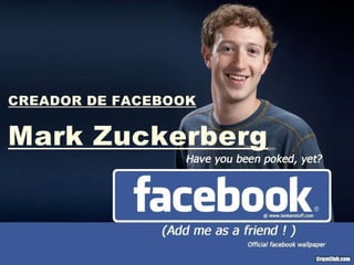 CONCLUSIÓN Facebook es una página que no tenia como objetivo conseguir lo que ha conseguido, según las ultimas investigaciones… facebook tiene aproximadamente 350.000.000 de usuarios en todo el mundo. Muchos de los usuarios dejan atrás importantes redes sociales como Twitter o Tuenti para utilizar Facebook.   