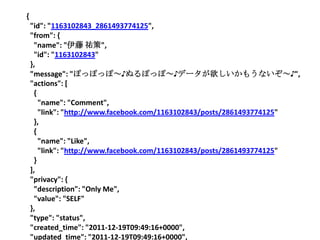 {
    "id": "1163102843_2861493774125",
    "from": {
      "name": "伊藤 祐策",
      "id": "1163102843"
    },
    "message": "ぽっぽっぽ～♪ぬるぽっぽ～♪データが欲しいかもうないぞ～♪",
    "actions": [
      {
        "name": "Comment",
        "link": "http://www.facebook.com/1163102843/posts/2861493774125"
      },
      {
        "name": "Like",
        "link": "http://www.facebook.com/1163102843/posts/2861493774125"
      }
    ],
    "privacy": {
      "description": "Only Me",
      "value": "SELF"
    },
    "type": "status",
    "created_time": "2011-12-19T09:49:16+0000",
    "updated_time": "2011-12-19T09:49:16+0000",
 