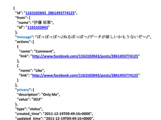 {
    "id": "1163102843_2861493774125",
    "from": {
      "name": "伊藤 祐策",
      "id": "1163102843"
    },
    "message": "ぽっぽっぽ～♪ぬるぽっぽ～♪データが欲しいかもうないぞ～♪",
    "actions": [
      {
        "name": "Comment",
        "link": "http://www.facebook.com/1163102843/posts/2861493774125"
      },
      {
        "name": "Like",
        "link": "http://www.facebook.com/1163102843/posts/2861493774125"
      }
    ],
    "privacy": {
      "description": "Only Me",
      "value": "SELF"
    },
    "type": "status",
    "created_time": "2011-12-19T09:49:16+0000",
    "updated_time": "2011-12-19T09:49:16+0000",
 
