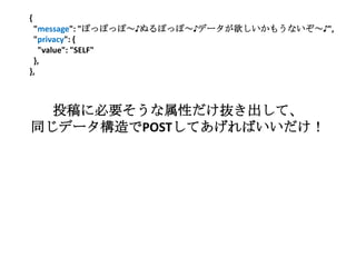 {
 "message": "ぽっぽっぽ～♪ぬるぽっぽ～♪データが欲しいかもうないぞ～♪",
 "privacy": {
   "value": "SELF"
 },
},



  投稿に必要そうな属性だけ抜き出して、
同じデータ構造でPOSTしてあげればいいだけ！
 