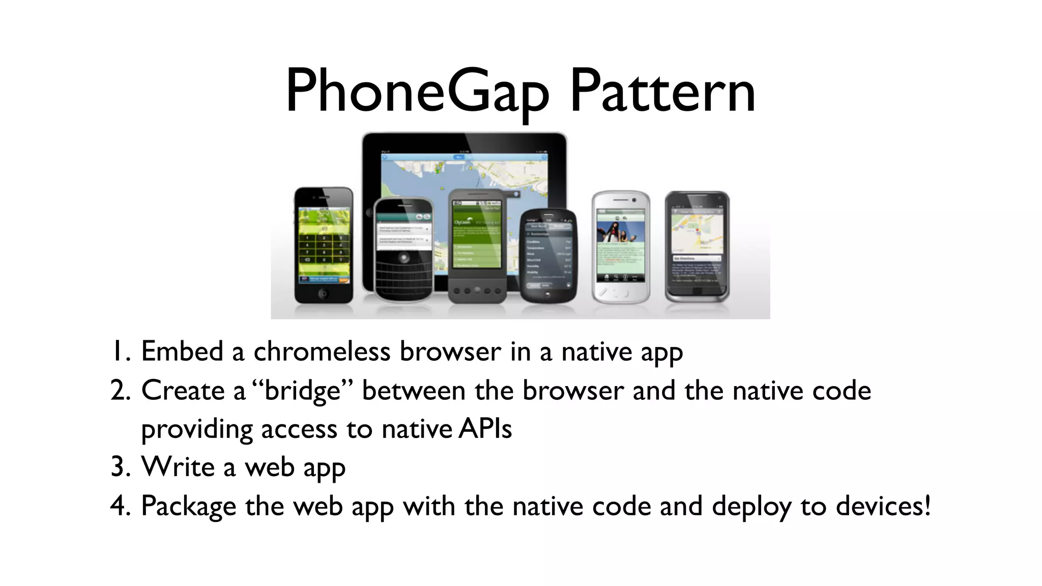 PhoneGap Pattern


1. Embed a chromeless browser in a native app
2. Create a “bridge” between the browser and the native code
   providing access to native APIs
3. Write a web app
4. Package the web app with the native code and deploy to devices!
 