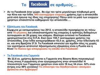 Το  σε αριθμούς…   Αν το  Facebook  ήταν χώρα , θα είχε τον τρίτο μεγαλύτερο πληθυσμό μετά την Κίνα και την Ινδία.  845 εκατομμύρια ενεργούς  χρήστες έχει η ιστοσελίδα μετά από έρευνα της ίδιας της επιχείρησης! Πάνω από το μισό των ενεργών χρηστών επισκέπτεται καθημερινά την ιστοσελίδα…. Εξάπλωση του  Facebook  Σύμφωνα με καταμετρήσεις του 2012, η ιστοσελίδα προσφέρεται σε πάνω από  70 γλώσσες  και υποκαταστήματα της εταιρείας ή τράπεζες δεδομένων  λειτουργούν σε 20 χώρες του κόσμου. Ιδιαίτερα εντατικά το  Facebook  χρησιμοποιείται στις Η.Π.Α. Εκεί ζουν 155,7 εκατομμύρια χρήστες της ιστοσελίδας. Στην Ινδία καταμετρήθηκαν 43,5 εκ. χρήστες, στην Ινδονησία 43 εκ. και στη Βραζιλία 37,9. Το  Facebook  αποτελεί για σχεδόν όλες τις χωρές τον αγαπήμενο ιστότοπο! Αξιοσημείωτες εξαιρέσεις είναι η Ρωσία και η Κίνα!  Το Πεκίνο έχει απαγορεύσει τη είσοδο στο  Facebook! To  Facebook  στη Γερμανία Με 22,6 εκ. χρήστες βρίσκεται η Γερμανία στη δέκατη θέση παγκοσμίως! Ένας στους 4 γερμανούς είναι εγγεγραμμένος στην ιστοσελίδα! Η πλειονότητα των Γερμανών χρηστών είναι από 18 έως 34 ετών. 52% είναι άντρες ενώ 48% γυναίκες!  Το επίκεντρο του δι ( αδι ) κτυακού «σεισμού» βρίσκεται στο Αμβούργο! 