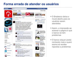 Forma errada de atender os usuários


                             • O Bradesco deixa o
                               mural aberto para os
                               usuários serem
                               atendidos

                             • Assim, a impressão ao
                               acessar a página é que
                               o banco só tem
                               problemas

                             • O banco sequer posta
                               conteúdo mais e quem
                               assina só recebe
                               repostas a problemas
 