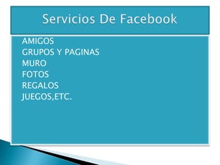  AMIGOS
GRUPOS Y PAGINAS
MURO
FOTOS
REGALOS
JUEGOS,ETC.
