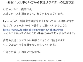 お会いした事ない方から友達リクエストの返信文例

はじめまして、横田です。
友達リクエスト頂きまして、ありがとうございます。
 
Facebookの仕様変更で分かりにくくなって申し訳ないですが
私のプロフィールページで書かせて頂いていますように
https://www.facebook.com/Shurin.Yokota/info
リアルで交流している方とのみFacebookでも交流しています。
 
折角の友達リクエストにお応えできなくて残念ですが
いつかお会いできる日を楽しみにしています。

今後とも宜しくお願い致します。


        イーンスパイア(株) 横田秀珠の著作権を尊重しつつ、是非ノウハウはシェアして行きましょう。   1
 