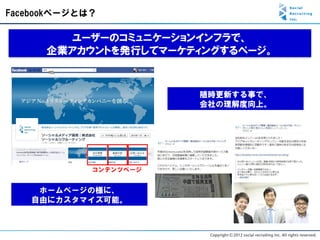 Facebookページとは？

        ユーザーのコミュニケーションインフラで、
      企業アカウントを発行してマーケティングするページ。



                        随時更新する事で、
                        会社の理解度向上。




             コンテンツページ


    ホームページの様に、
   自由にカスタマイズ可能。
 