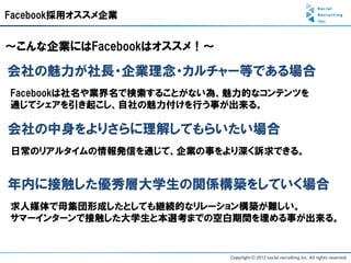 Facebook採用オススメ企業


～こんな企業にはFacebookはオススメ！～

会社の魅力が社長・企業理念・カルチャー等である場合
Facebookは社名や業界名で検索することがない為、魅力的なコンテンツを
通じてシェアを引き起こし、自社の魅力付けを行う事が出来る。

会社の中身をよりさらに理解してもらいたい場合
日常のリアルタイムの情報発信を通じて、企業の事をより深く訴求できる。


年内に接触した優秀層大学生の関係構築をしていく場合
求人媒体で母集団形成したとしても継続的なリレーション構築が難しい。
サマーインターンで接触した大学生と本選考までの空白期間を埋める事が出来る。
 