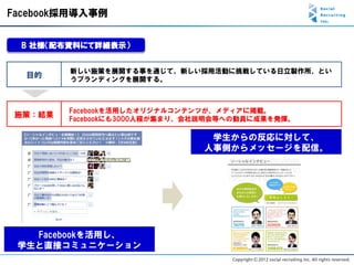 Facebook採用導入事例


 B 社様（配布資料にて詳細表示）


         新しい施策を展開する事を通じて、新しい採用活動に挑戦している日立製作所、とい
  目的     うブランディングを展開する。



         Facebookを活用したオリジナルコンテンツが、メディアに掲載。
 施策：結果
         Facebookにも3000人程が集まり、会社説明会等への動員に成果を発揮。

                                学生からの反応に対して、
                               人事側からメッセージを配信。




   Facebookを活用し、
 学生と直接コミュニケーション
 