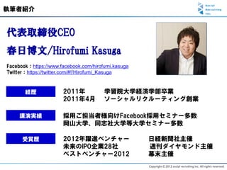 執筆者紹介


代表取締役CEO
春日博文/Hirofumi Kasuga
Facebook：https://www.facebook.com/hirofumi.kasuga
Twitter：https://twitter.com/#!/Hirofumi_Kasuga


       経歴             2011年            学習院大学経済学部卒業
                      2011年4月          ソーシャルリクルーティング創業

     講演実績             採用ご担当者様向けFacebook採用セミナー多数
                      岡山大学、同志社大学等大学セミナー多数

      受賞歴             2012年躍進ベンチャー                  日経新聞社主催
                      未来のIPO企業28社                   週刊ダイヤモンド主催
                      ベストベンチャー2012                  幕末主催
 