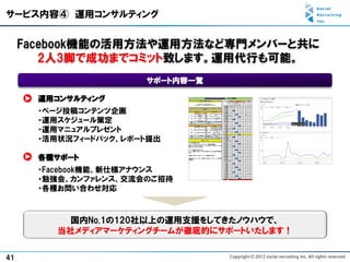 サービス内容④ 運用コンサルティング


     Facebook機能の活用方法や運用方法など専門メンバーと共に
        2人3脚で成功までコミット致します。運用代行も可能。
                       サポート内容一覧

       運用コンサルティング
       ・ページ投稿コンテンツ企画
       ・運用スケジュール策定
       ・運用マニュアルプレゼント
       ・活用状況フィードバック、レポート提出

       各種サポート
       ・Facebook機能、新仕様アナウンス
       ・勉強会、カンファレンス、交流会のご招待
       ・各種お問い合わせ対応



            国内No.1の120社以上の運用支援をしてきたノウハウで、
          当社メディアマーケティングチームが徹底的にサポートいたします！


41
 
