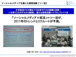 ソーシャルメディアを通じた採用活動【ソー活】


       大手就活ナビの様なマス広告モデルの崩壊も目前！
   いち早くこのモデルから脱却し、新たな採用活動へシフトしていくべき

    「ソーシャルメディア×就活」＝ソー活が、
     2011年のトレンドとリクルートが予測。




            【出展】CNET JAPAN   http://japan.cnet.com/news/business/20425001/17/
 