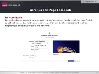 Gérer un Fan Page Facebook

Mise	
  en	
  valeur	
  d’un	
  statut	
  
	
  
Vous	
  pouvez	
  sinon	
  le	
  vérrouiller	
  en	
  haut,	
  ce	
  qui	
  le	
  placera	
  en	
  haut	
  de	
  votre	
  9meline	
  malgré	
  l’ajout	
  
de	
  statut	
  plus	
  récent.	
  




                                                                                                                Remarque	
  :	
  
                                                                                                                Vous	
  ne	
  pouvez	
  avoir	
  qu’un	
  seul	
  statut	
  
                                                                                                                verrouillé	
  en	
  haut.	
  

                         Voyelle	
  –	
  40	
  rue	
  du	
  Bignon,	
  forum	
  de	
  la	
  rocade,	
  bâ9ment	
  Oméga	
  à	
  Chantepie	
  -­‐	
  contact@voyelle.fr	
       14	
  
 