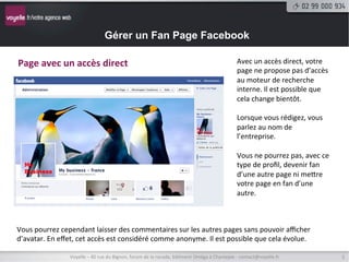 Gérer un Fan Page Facebook

Page	
  avec	
  un	
  accès	
  direct	
                                                                                                    Avec	
  un	
  accès	
  direct,	
  votre	
  
                                                                                                                                           page	
  ne	
  propose	
  pas	
  d’accès	
  
                                                                                                                                           au	
  moteur	
  de	
  recherche	
  
                                                                                                                                           interne.	
  Il	
  est	
  possible	
  que	
  
                                                                                                                                           cela	
  change	
  bientôt.	
  
                                                                                                                                           	
  
                                                                                                                                           Lorsque	
  vous	
  rédigez,	
  vous	
  
                                                                                                                                           parlez	
  au	
  nom	
  de	
  
                                                                                                                                           l’entreprise.	
  
                                                                                                                                           	
  
                                                                                                                                           Vous	
  ne	
  pourrez	
  pas,	
  avec	
  ce	
  
                                                                                                                                           type	
  de	
  proﬁl,	
  devenir	
  fan	
  
                                                                                                                                           d’une	
  autre	
  page	
  ni	
  meNre	
  
                                                                                                                                           votre	
  page	
  en	
  fan	
  d’une	
  
                                                                                                                                           autre.	
  



Vous	
  pourrez	
  cependant	
  laisser	
  des	
  commentaires	
  sur	
  les	
  autres	
  pages	
  sans	
  pouvoir	
  aﬃcher	
  
d’avatar.	
  En	
  eﬀet,	
  cet	
  accès	
  est	
  considéré	
  comme	
  anonyme.	
  Il	
  est	
  possible	
  que	
  cela	
  évolue.	
  

                        Voyelle	
  –	
  40	
  rue	
  du	
  Bignon,	
  forum	
  de	
  la	
  rocade,	
  bâ9ment	
  Oméga	
  à	
  Chantepie	
  -­‐	
  contact@voyelle.fr	
                      3	
  
 