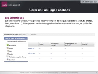 Gérer un Fan Page Facebook

Les	
  sta9s9ques	
  
	
  
Vous	
  avez	
  la	
  possibilités	
  d’aﬃcher	
  des	
  sta9s9ques	
  de	
  vos	
  pages	
  en	
  allant	
  par	
  exemple	
  sur	
  ceNe	
  
adresse	
  hNps://www.facebook.com/insights/.	
  Pour	
  que	
  vos	
  sta9s9ques	
  soient	
  accessibles,	
  vous	
  
devrez	
  avoir	
  un	
  minimum	
  de	
  30	
  fans	
  sur	
  votre	
  page.	
  
Sur	
  le	
  premier	
  tableau,	
  vous	
  pourrez	
  observer	
  sur	
  un	
  mois	
  le	
  ra9o	
  entre	
  vos	
  publica9ons,	
  les	
  
personnes	
  qui	
  en	
  parlent	
  et	
  la	
  portée	
  totale	
  par	
  semaine.	
  




                       Voyelle	
  –	
  40	
  rue	
  du	
  Bignon,	
  forum	
  de	
  la	
  rocade,	
  bâ9ment	
  Oméga	
  à	
  Chantepie	
  -­‐	
  contact@voyelle.fr	
     9	
  
 