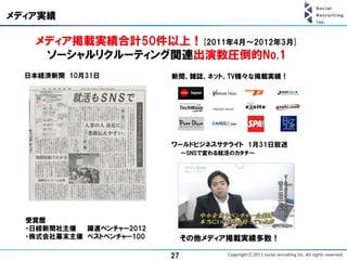 メディア実績

   メディア掲載実績合計50件以上！[2011年4月～2012年3月]
    ソーシャルリクルーティング関連出演数圧倒的No.1
  日本経済新聞 10月31日           新聞、雑誌、ネット、TV様々な掲載実績！




                          ワールドビジネスサテライト 1月31日放送
                               ～SNSで変わる就活のカタチ～




  受賞歴
  ・日経新聞社主催  躍進ベンチャー2012
  ・株式会社幕末主催 ベストベンチャー100        その他メディア掲載実績多数！

                          27
 