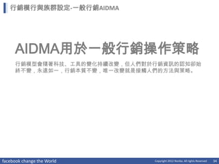 行銷模行與族群設定-一般行銷AIDMA




     AIDMA用於一般行銷操作策略
     行銷模型會隨著科技、工具的變化持續改變，但人們對於行銷資訊的認知卻始
     終不變，永遠如一，行銷本質不變，唯一改變就是接觸人們的方法與策略。




facebook change the World     Copyright 2012 Norika. All rights Reserved   34
 