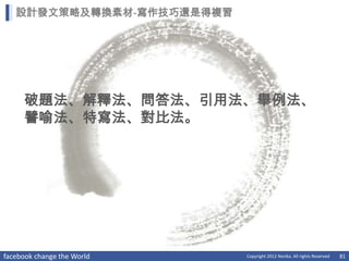 設計發文策略及轉換素材-寫作技巧還是得複習




     破題法、解釋法、問答法、引用法、舉例法、
     譬喻法、特寫法、對比法。




facebook change the World   Copyright 2012 Norika. All rights Reserved   81
 