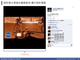 設計發文策略及轉換素材-圖片設計重點




                            惡搞風格

facebook change the World          Copyright 2012 Norika. All rights Reserved   89
 