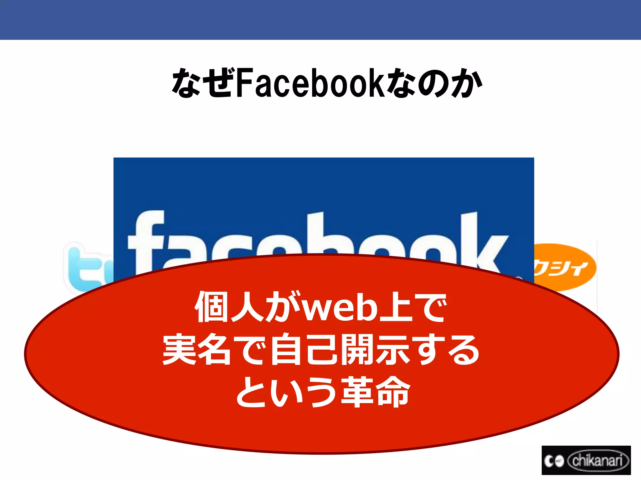 なぜFacebookなのか




 個人がweb上で
実名で自己開示する
  という革命
 