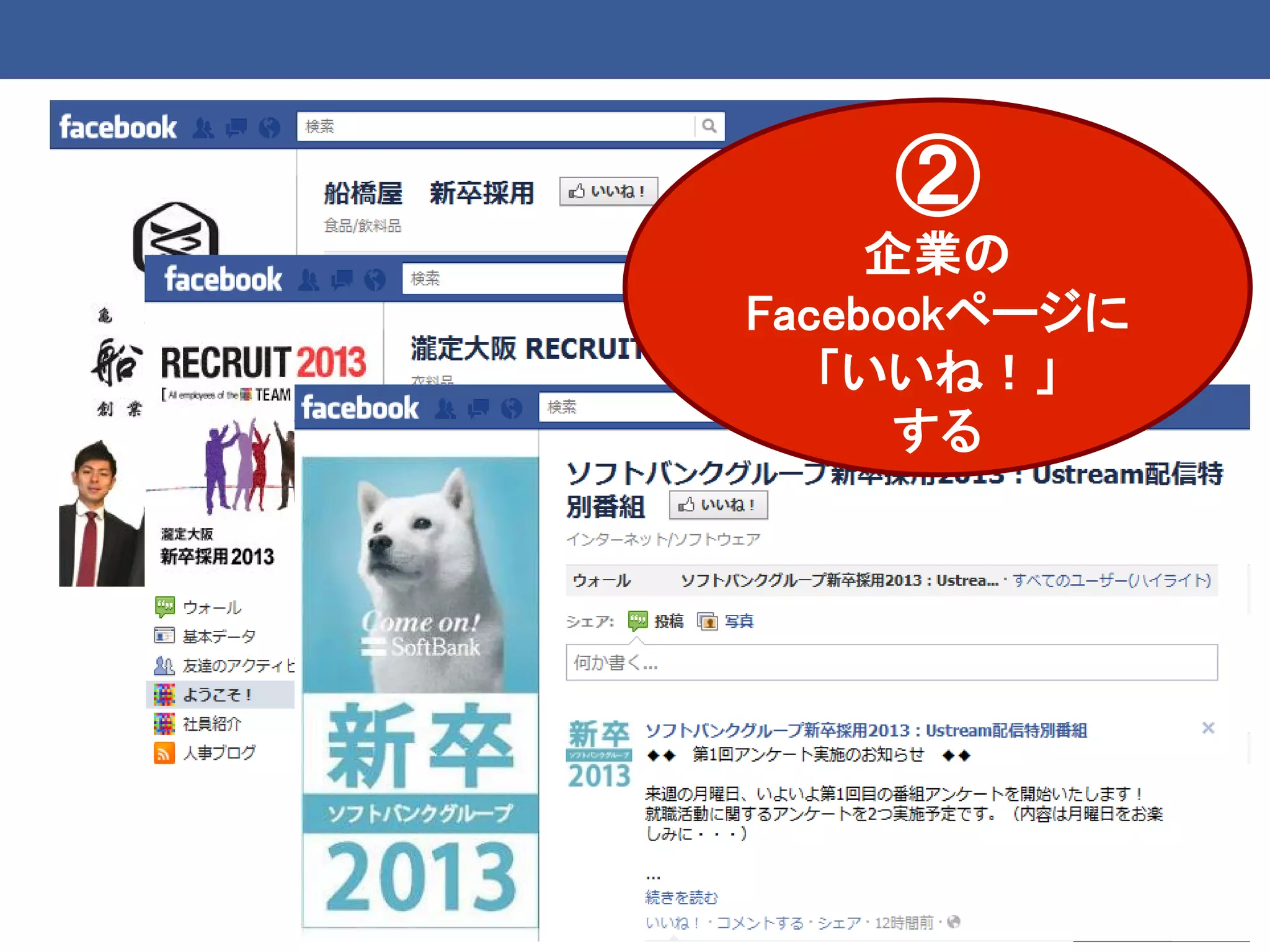 ②
     企業の
Facebookページに
   「いいね！」
      する
 