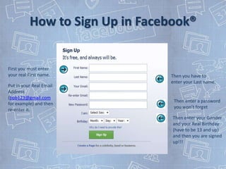 How to Sign Up in Facebook®


First you must enter
your real First name.           Then you have to
                                enter your Last name.
Put in your Real Email
Address
(bob123@gmail.com
                                 Then enter a password
for example) and then
                                 you won’t forget
re-enter it.
                                 Then enter your Gender
                                 and your Real Birthday
                                 (have to be 13 and up)
                                 and then you are signed
                                 up!!!
 
