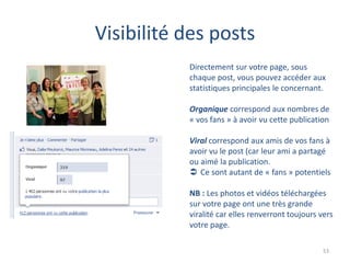 Visibilité des posts
           Directement sur votre page, sous
           chaque post, vous pouvez accéder aux
           statistiques principales le concernant.

           Organique correspond aux nombres de
           « vos fans » à avoir vu cette publication

           Viral correspond aux amis de vos fans à
           avoir vu le post (car leur ami a partagé
           ou aimé la publication.
            Ce sont autant de « fans » potentiels

           NB : Les photos et vidéos téléchargées
           sur votre page ont une très grande
           viralité car elles renverront toujours vers
           votre page.

                                                   53
 