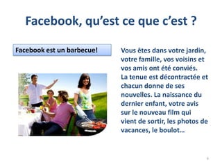 Facebook, qu’est ce que c’est ?

Facebook est un barbecue!   Vous êtes dans votre jardin,
                            votre famille, vos voisins et
                            vos amis ont été conviés.
                            La tenue est décontractée et
                            chacun donne de ses
                            nouvelles. La naissance du
                            dernier enfant, votre avis
                            sur le nouveau film qui
                            vient de sortir, les photos de
                            vacances, le boulot…


                                                         6
 
