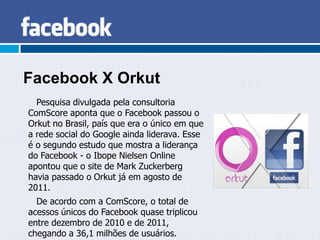 Facebook X Orkut
  Pesquisa divulgada pela consultoria
ComScore aponta que o Facebook passou o
Orkut no Brasil, país que era o único em que
a rede social do Google ainda liderava. Esse
é o segundo estudo que mostra a liderança
do Facebook - o Ibope Nielsen Online
apontou que o site de Mark Zuckerberg
havia passado o Orkut já em agosto de
2011.
  De acordo com a ComScore, o total de
acessos únicos do Facebook quase triplicou
entre dezembro de 2010 e de 2011,
chegando a 36,1 milhões de usuários.
 